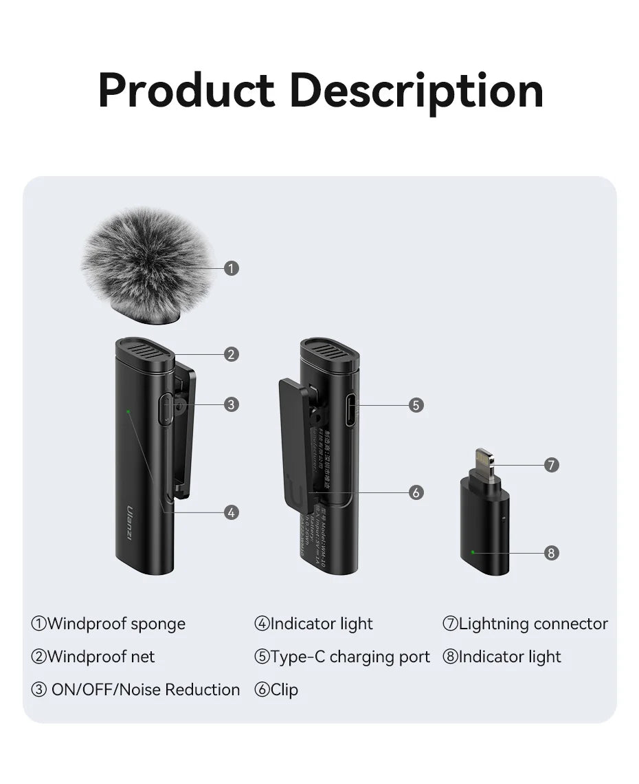 Ulanzi VM-10 Wireless Lavalier Microphone Portable Audio Video Recording Mini Mic For iPhone Android Live Broadcast Gaming