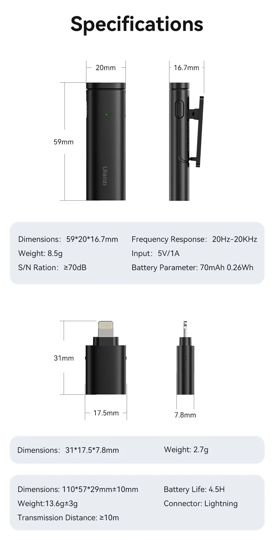 Ulanzi VM-10 Wireless Lavalier Microphone Portable Audio Video Recording Mini Mic For iPhone Android Live Broadcast Gaming