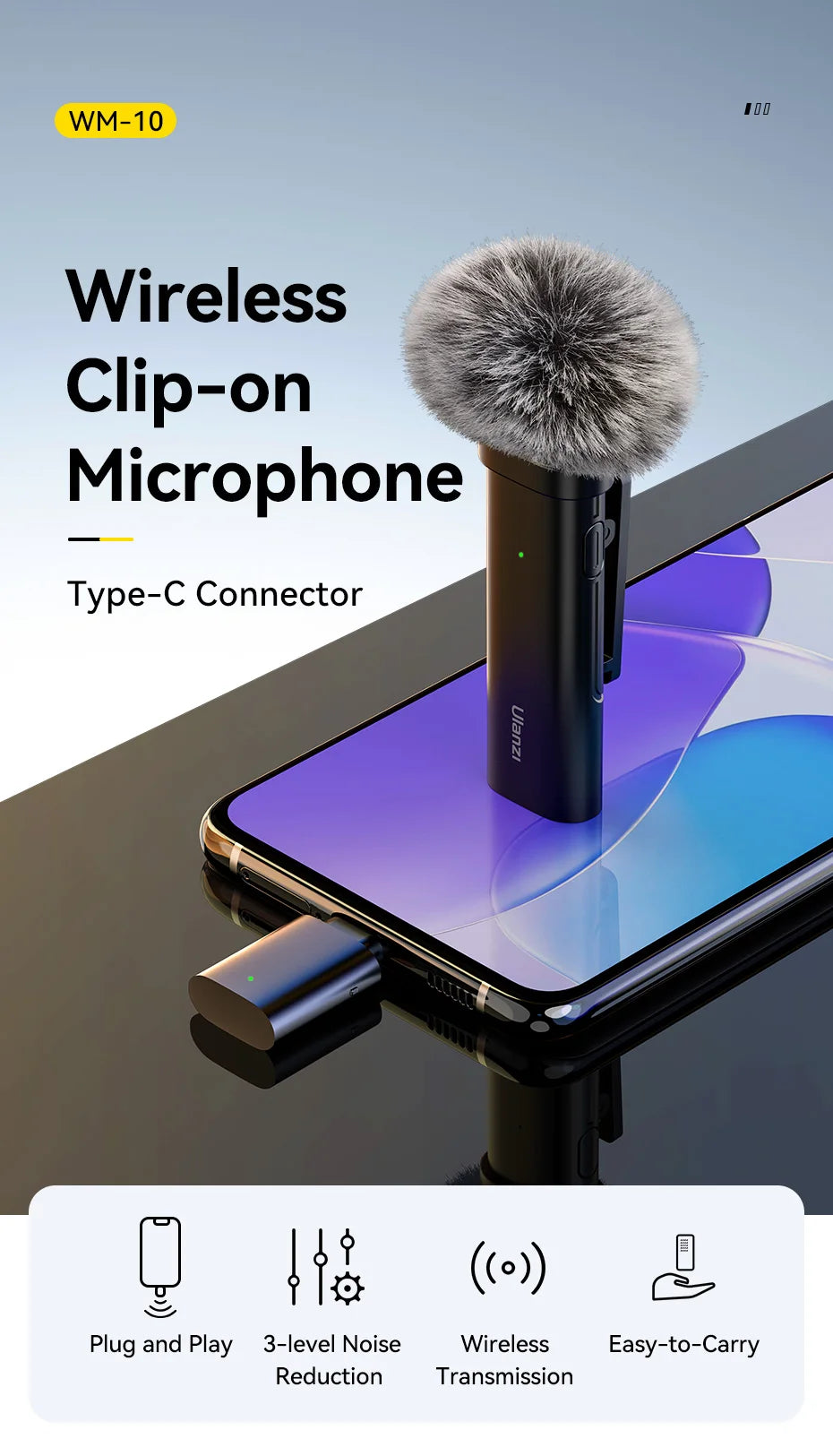 Ulanzi VM-10 Wireless Lavalier Microphone Portable Audio Video Recording Mini Mic For iPhone Android Live Broadcast Gaming